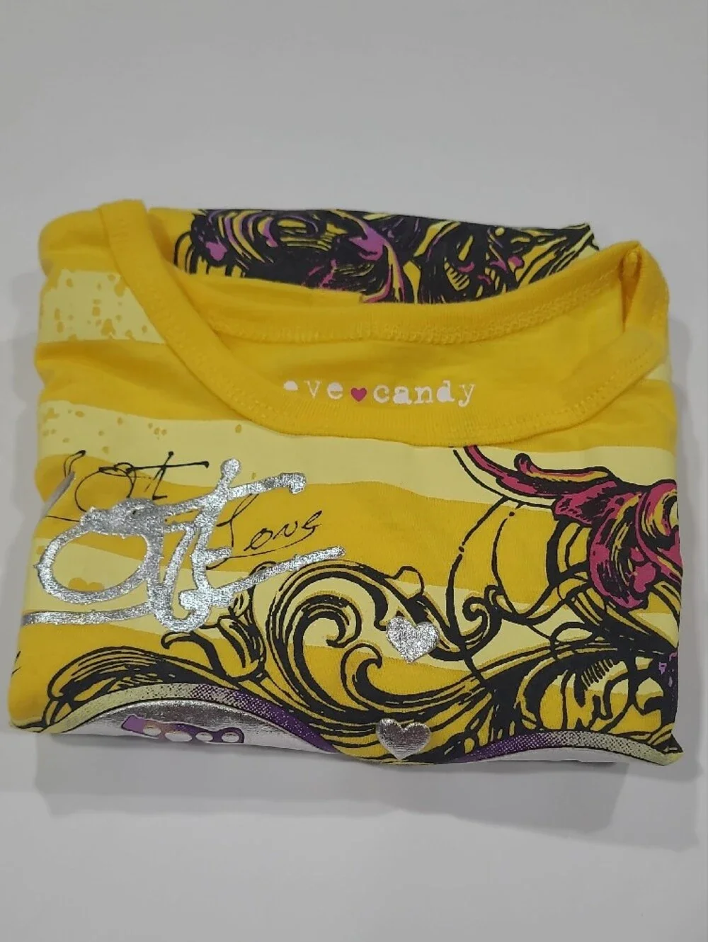 Eye Candy Yellow Girls' Love Heart Graphic Tee Sz S (7/8)